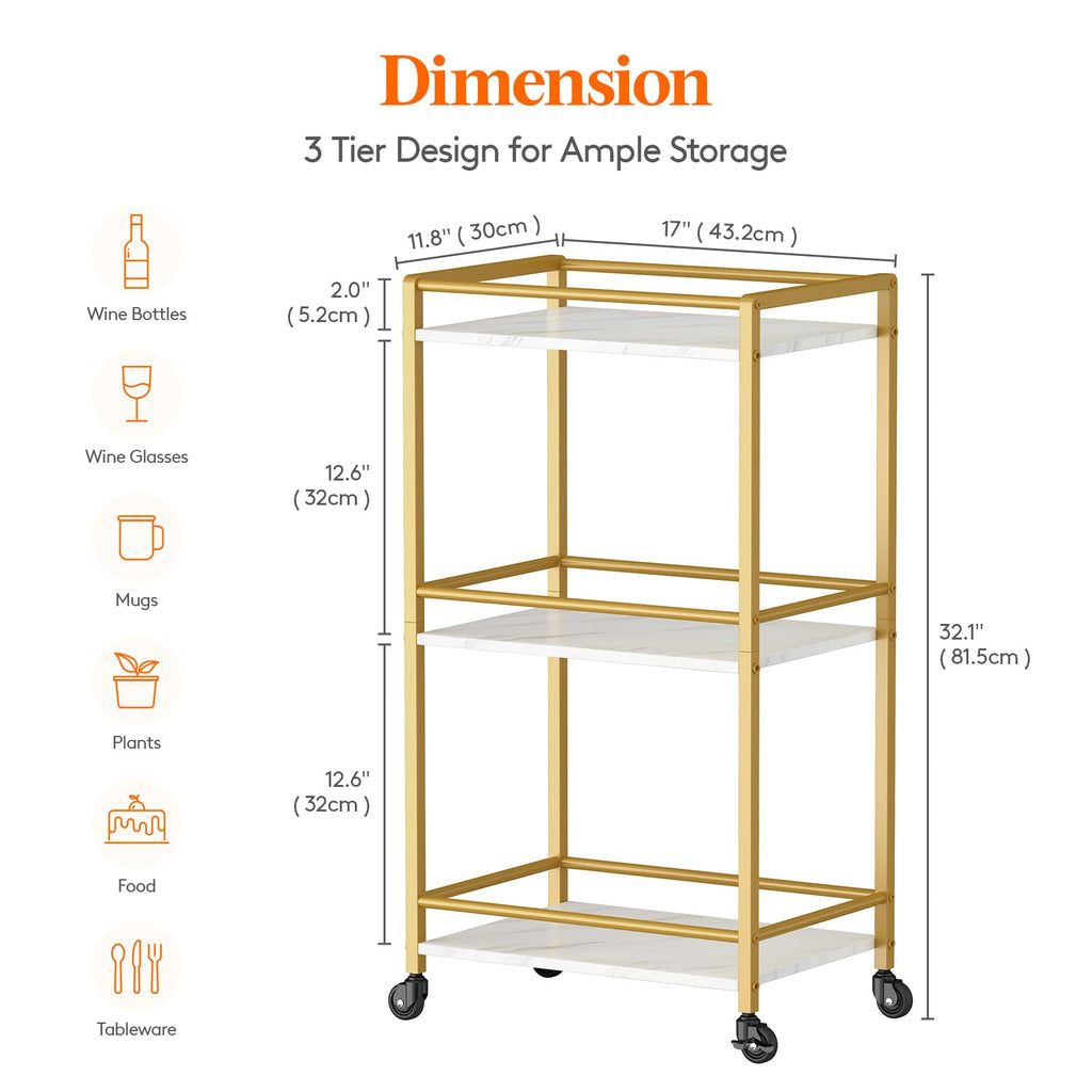Mini 3 Tier Rolling Bar Cart with Lockable Wheels, Gold