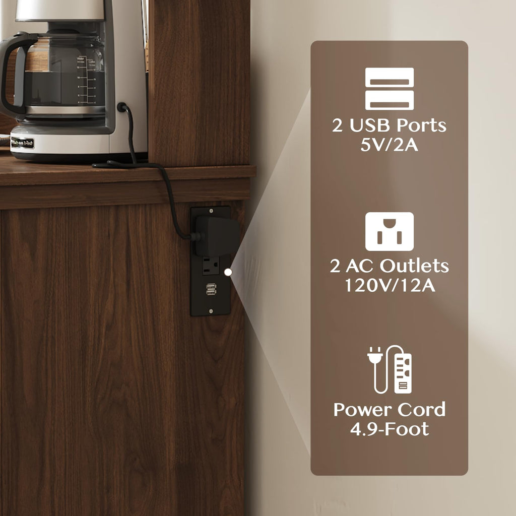 Coffee Bar Cabinet with Storage and Charging Station, Walnut