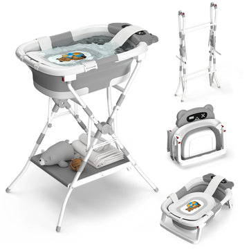 Bathtub with Stand, Foldable Metal Standing Baby Bath Tub, in-1 Anti-Slip Collapsible Tub with Cushion Storage Pad