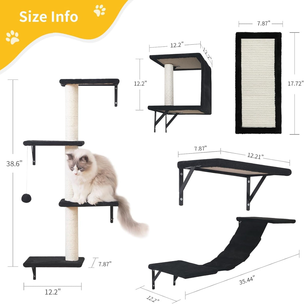 Modern Wall-Mounted Cat Furniture - 5pcs Cat Wall Shelves, Wooden Climber Includes House, Bridge, Tree, Steps