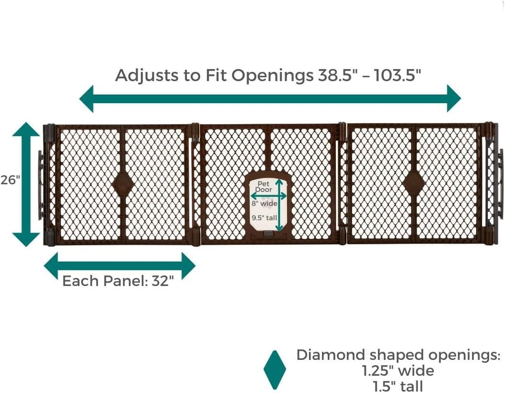 Extra Wide Dog Gate with Small Pet Door. 38.5" to 103.5" Wide. Cat Gate for Doorway. Made in USA. 26" Tall, Brown
