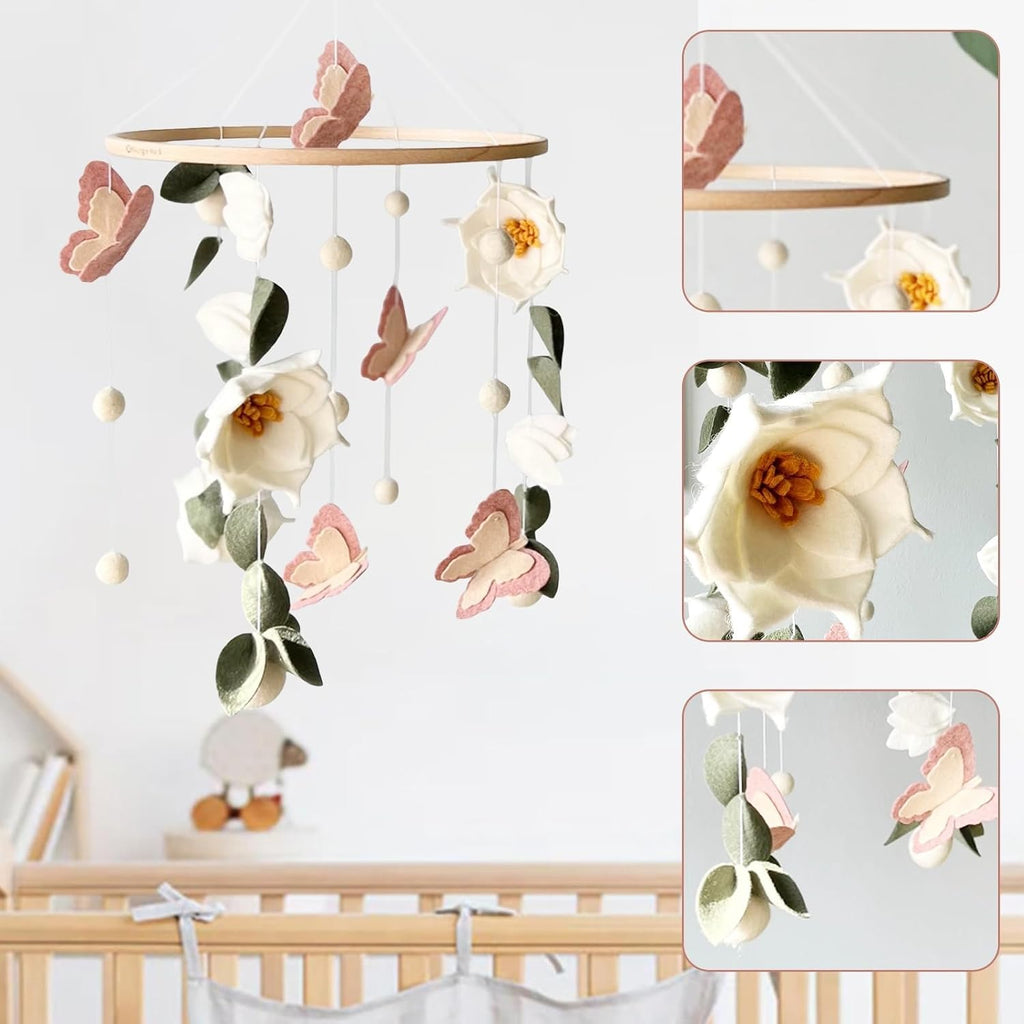 Floral Baby Mobile Nursery Decor Felt Flowers Butterflies Baby Mobile for Crib Boys Girls Boho Style Neutral Baby