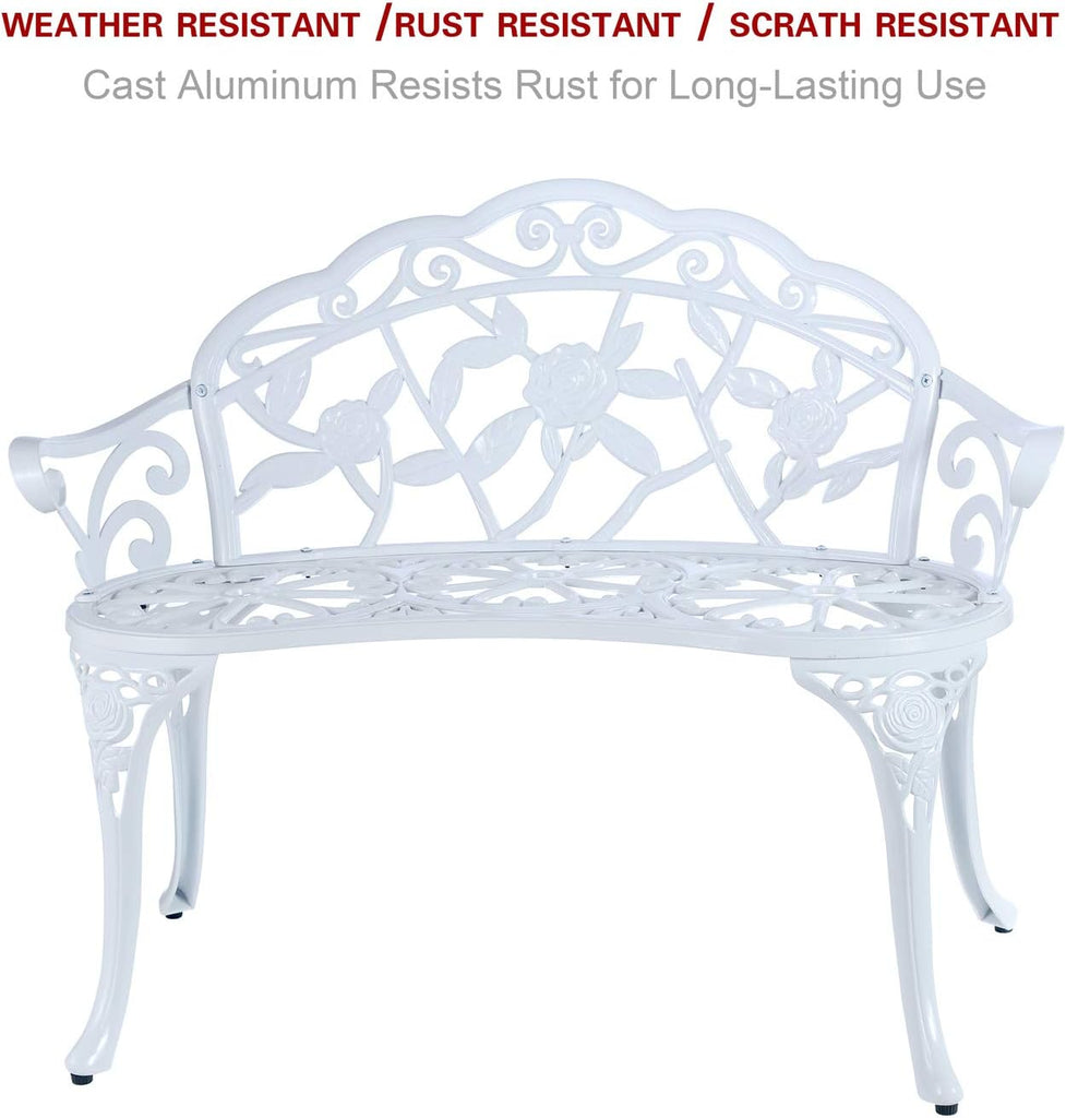 Balcony Bench Double Seat, Anti-Rust Cast Aluminum Patio Garden Bench for Park Yard Outdoor Furniture White.1