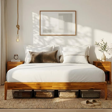 Camila 14'' Luxury Acacia Wood Bed Frame - Heavy Duty Platform, Japanese Joinery Bed Frame, No Box Spring