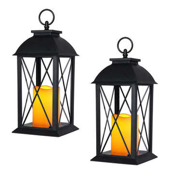 13 Inch Outdoor Decorative Lanterns with LED Candle Timer 2 Pack Cross