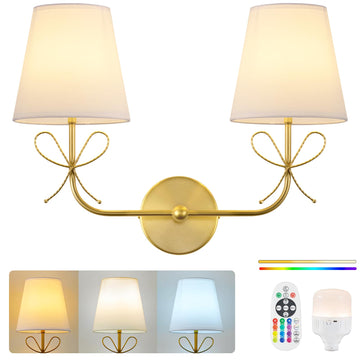 Bow Battery Operated Wall Sconce, Rechargeable Wireless Double Lights with Dimmable Bulbs, 15 Colors and Remote