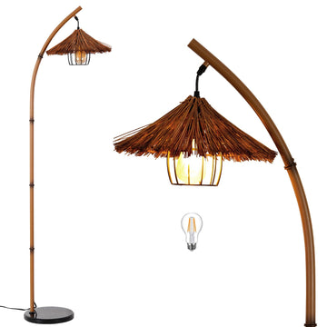Bamboo Floor lamp Mid Century Rattan Retro Floor lamp Bohemian, Arc Floor Lamps Tall Reading Lamps Antique Rattan