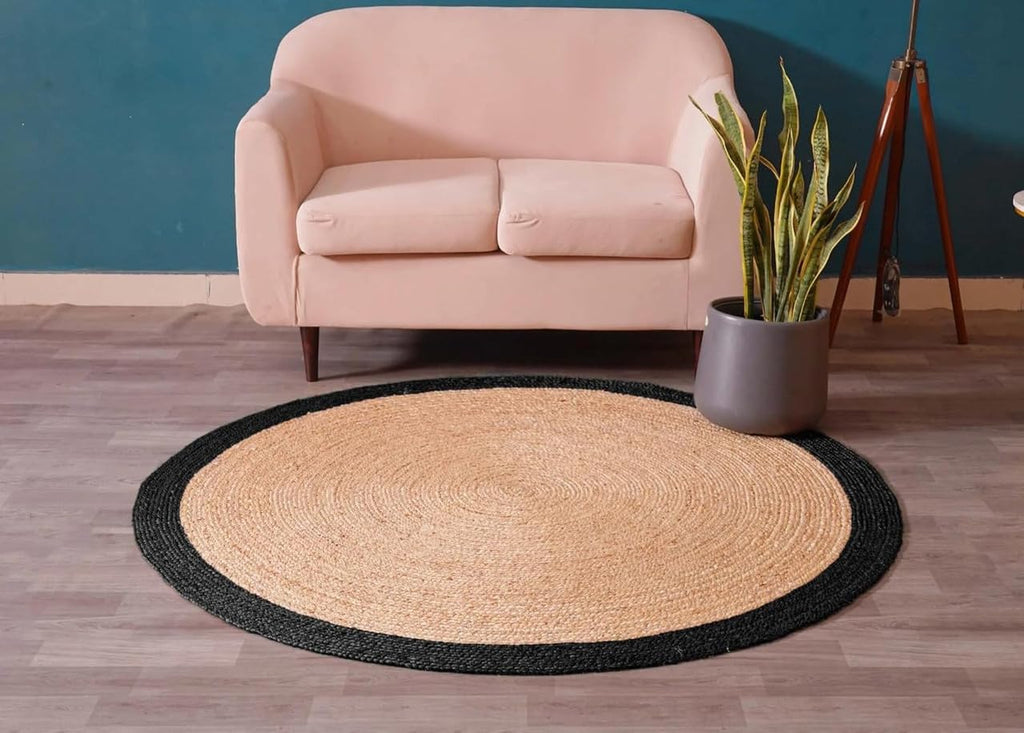 Round Jute Area Rug with Border Braided Natural Fiber Circular Floor Rug Bedroom Entryway Indoor Boho Carpet
