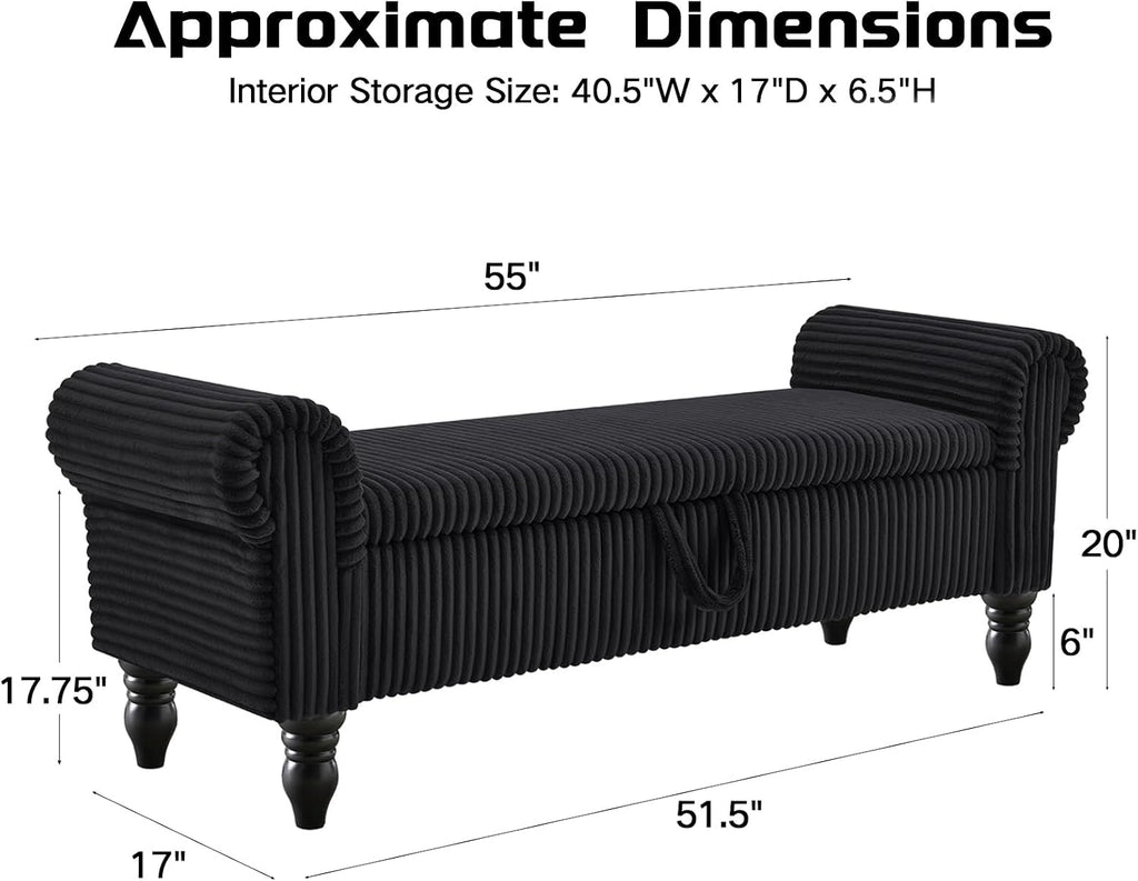 55" Storage Ottoman Bench, Corduroy End of Bed Bench , Black | Upholstered Entryway Bench with Seating, Solid Wood