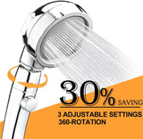 High Pressure Shower Head, 3-Settings Handheld Showerhead with ON/Off Full Shutoff Push Button and Switch to Control