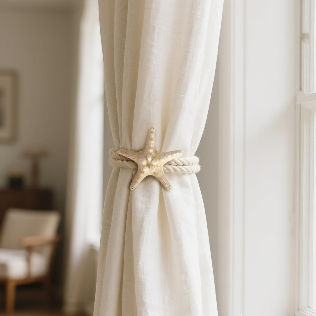 Natural Starfish Curtain Tiebacks, Handmade Woven Rope Curtain Curtain Ties Blinds Accessories for Outdoor - 2 Pcs