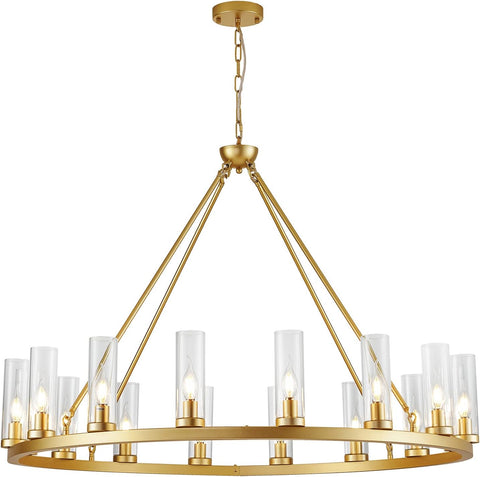 Farmhouse Wagon Wheel Chandelier,D42 16 Light Gold Industrial Rustic Chandelier Lighting, Round Kitchen Island Pendant Light with Clear Glass (42in-16 Lights) A115-B0BGDV63KH