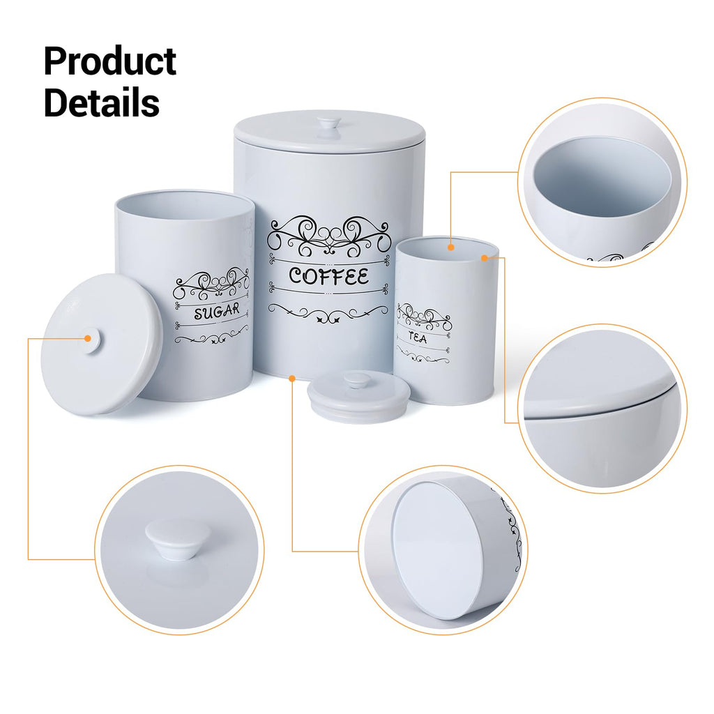 Country White Canisters Set of 3, Rustic Farmhouse Metal Containers with Airtight Lids, Kitchen Storage Canisters for