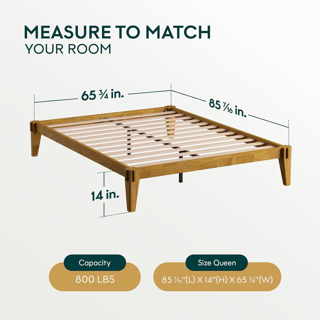 14" Bed Frame - Solid Wood Platform Bed - Japanese Joinery Bed Frame - Wood Slat Support - No Box