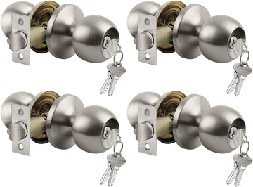 4 Pack Door Knob with Lock and Key, Keyed Different, Satin Nickel