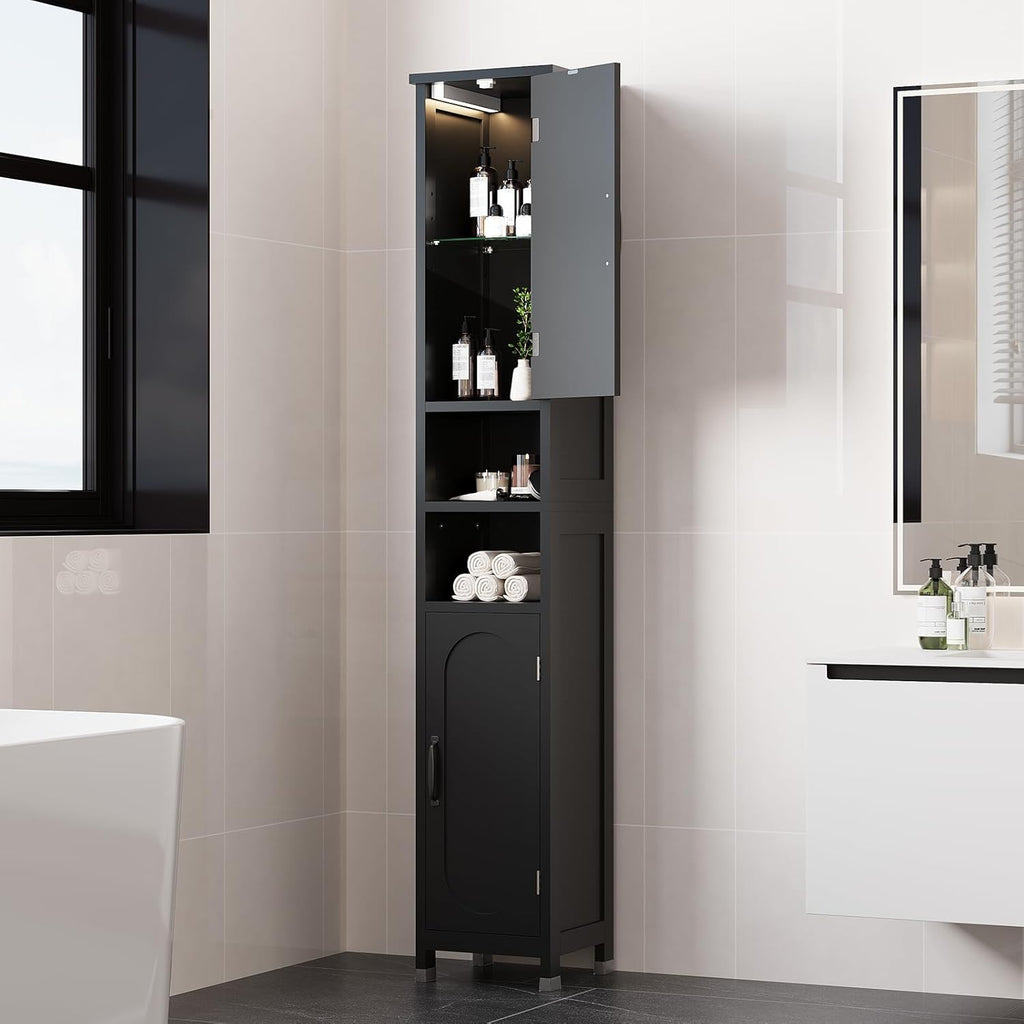 67" Tall Bathroom Storage Cabinet with Lights, Slim Narrow Bathroom Cabinet Organizer with Doors and Adjustable