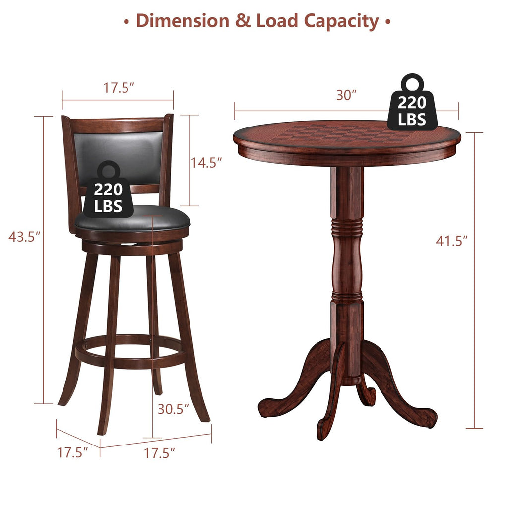 3 Pcs Dining Table Set, Wooden Pub Pedestal Side Table with Stable Base, 360 Degrees Swivel Bar Stool, Round Bar
