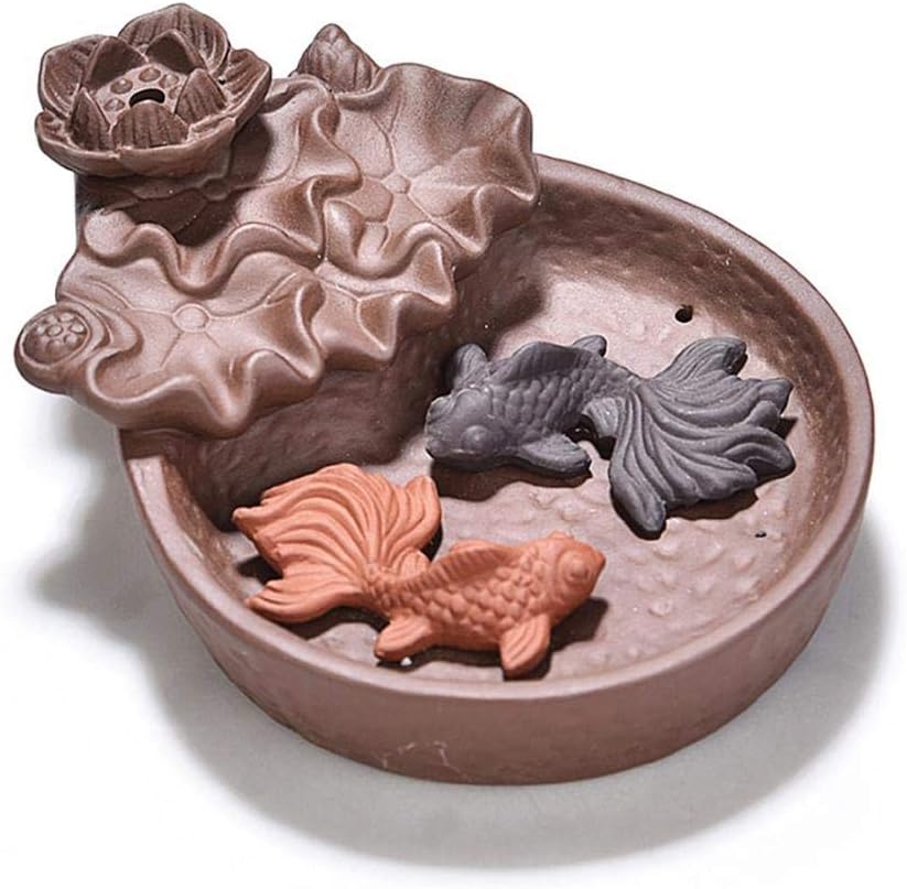 Two Fishes Incense Holders Ceramic Backflow Incense Burner Purple Clay Smoke Cone Sticks Holder (Fish) - Set of 11