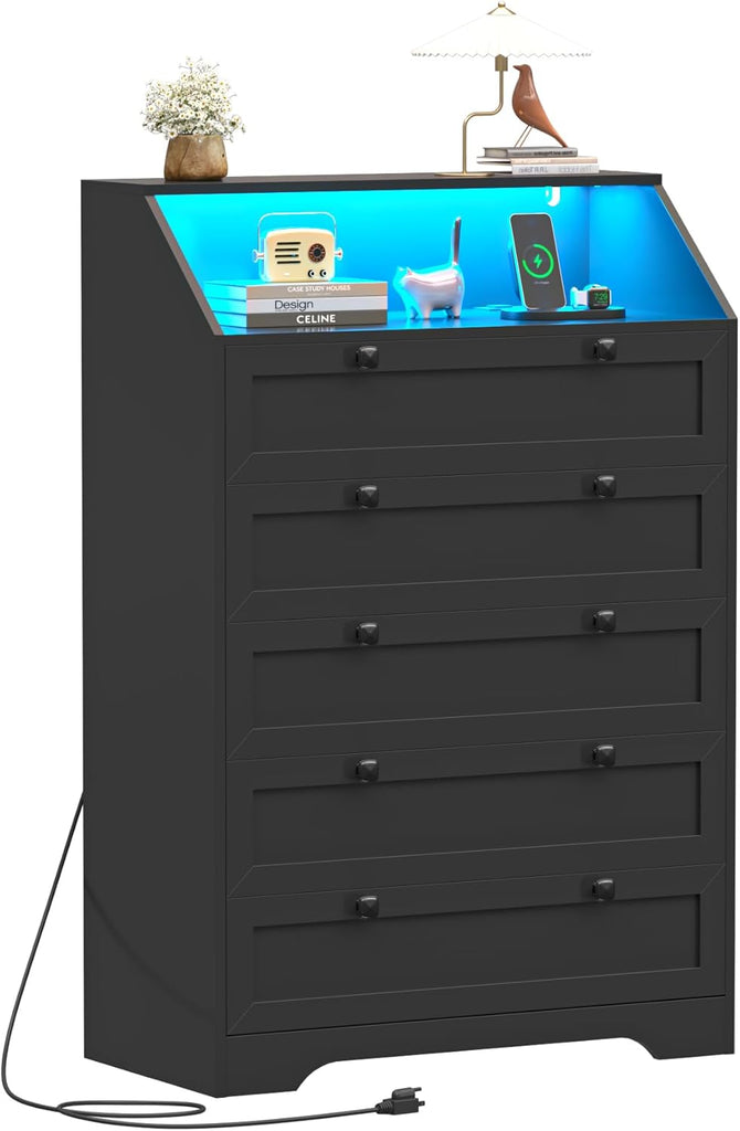 Black Dresser Tall 5 Drawer Dresser , Wood Chest of Drawers with LED Lights, Charging Station, Metal Handles, Modern