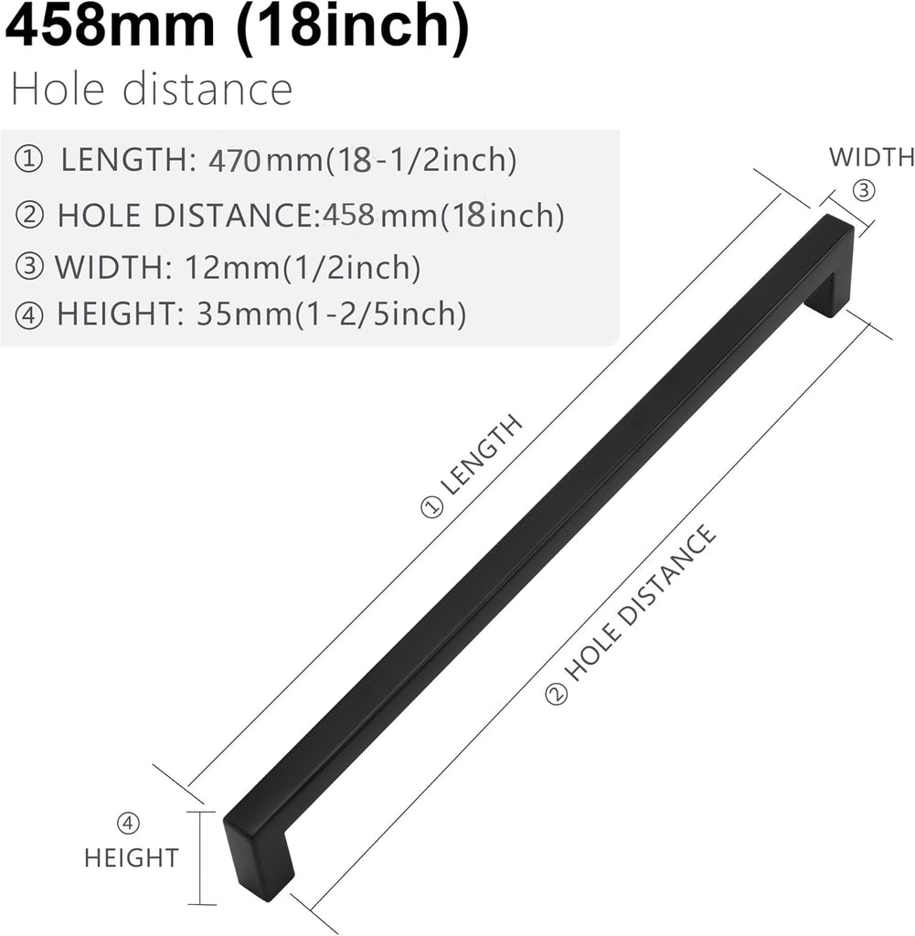 Matte Black Cabinet Pulls - Square Drawer Pulls, 2 Pack 18 Inch Stainless Steel Kitchen Door Cupboard Handles, 458mm