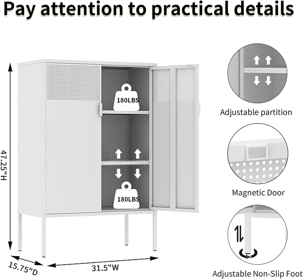 White Metal Storage Cabinet with 2 Doors - 47''H Locker Cabinet, 3 Tier Locker Door with Adjustable Shelves,Metal