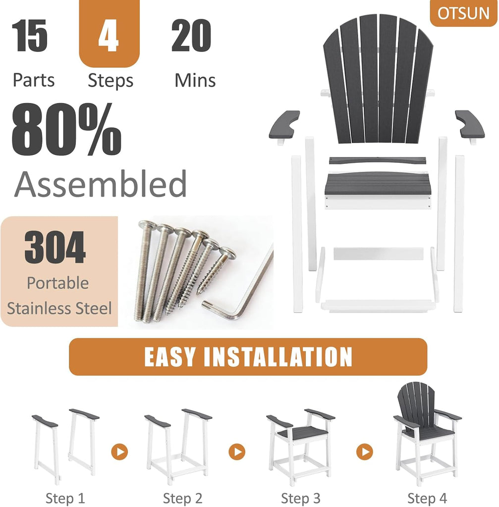 Tall Modern Adirondack Chair, All Weather HDPE Bar Height Adirondack Stools Two-Tone Widened Durable Design for Porch