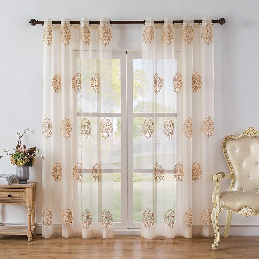 Luxury Damask Embroidered Sheer Curtains for Bedroom Transparent Tulle Curtain,52inchX96inch,Grommet Top,2 Panels