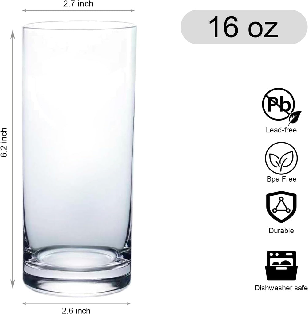 Drinking Glasses Set of 8, 16oz Glass Cups, Kitchen Highball Glasses for Beer, Juice and Cocktail, Collins Water