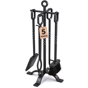5 Pieces Fireplace Tools Set Indoor Wrought Iron Fire Set Fire Place Pit Large Poker Wood Stove Log Firewood Tongs