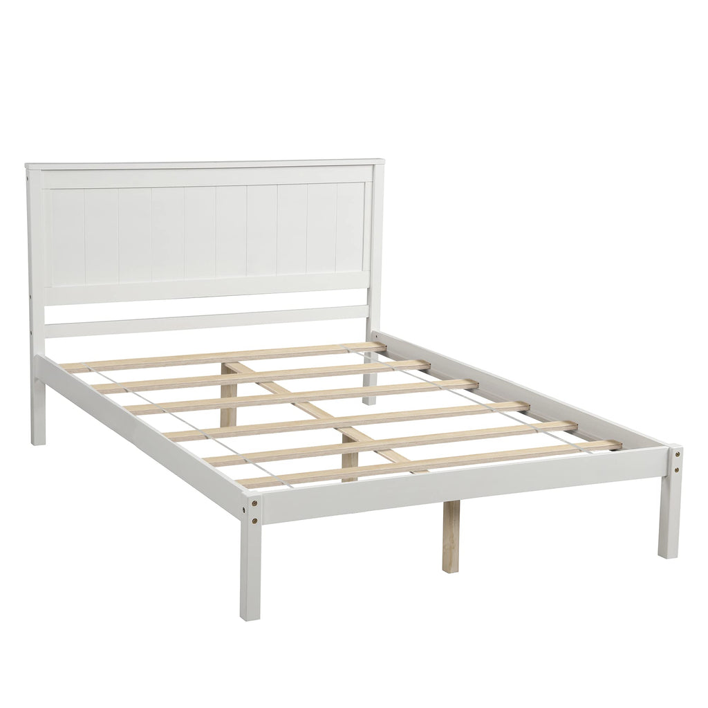 Modern Style White Solid Wood Full Size Platform Bed with Headboard/Footboard/Wood Bed Frame and Solid Wood Legs, No