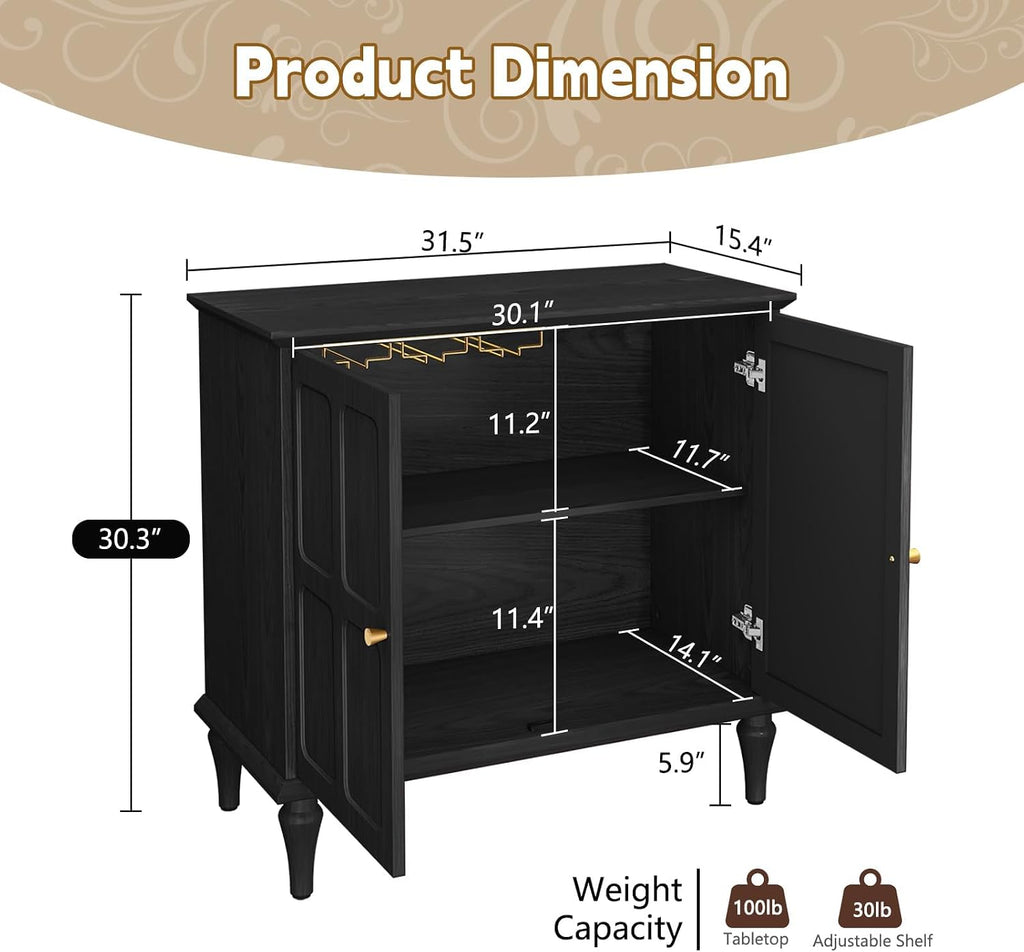 Black Sideboard Buffet Cabinet with Storage, Mid-Century Modern Storage Cabinet with 2 Doors and Adjustable Shelves