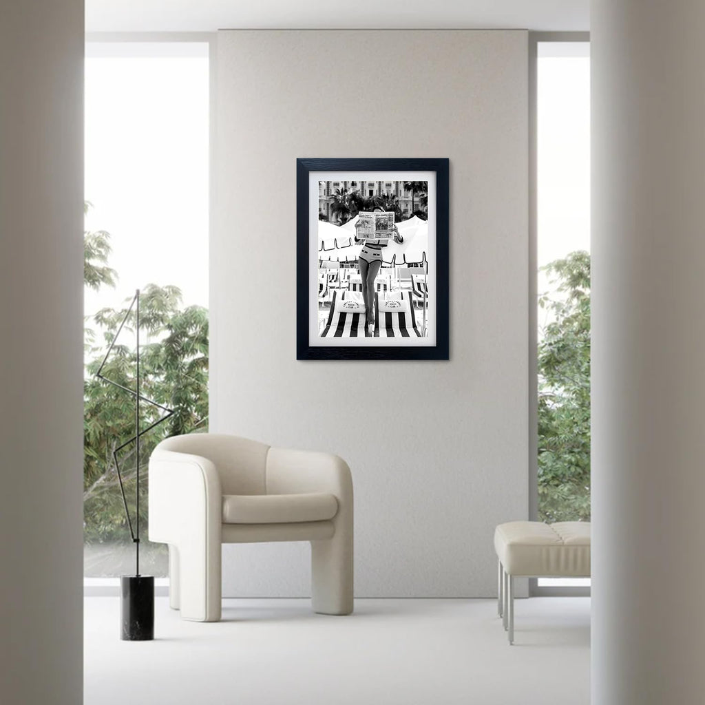 Framed Black and White Summer Wall Art Woman Reading Newspaper Beach Canvas Print Artwork Black and White Luxury