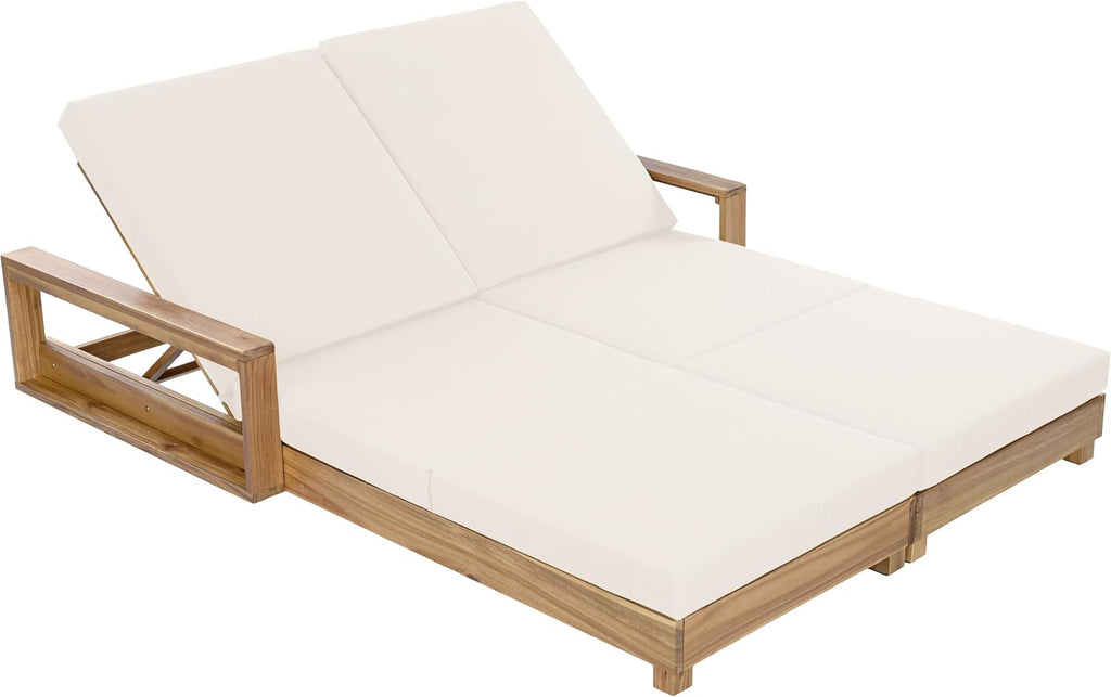 Acacia Wood Chaise Lounge Chair Outdoor, Spacious Double Outdoor Chaise Lounge with 3-Fold Cushions, 4 Position