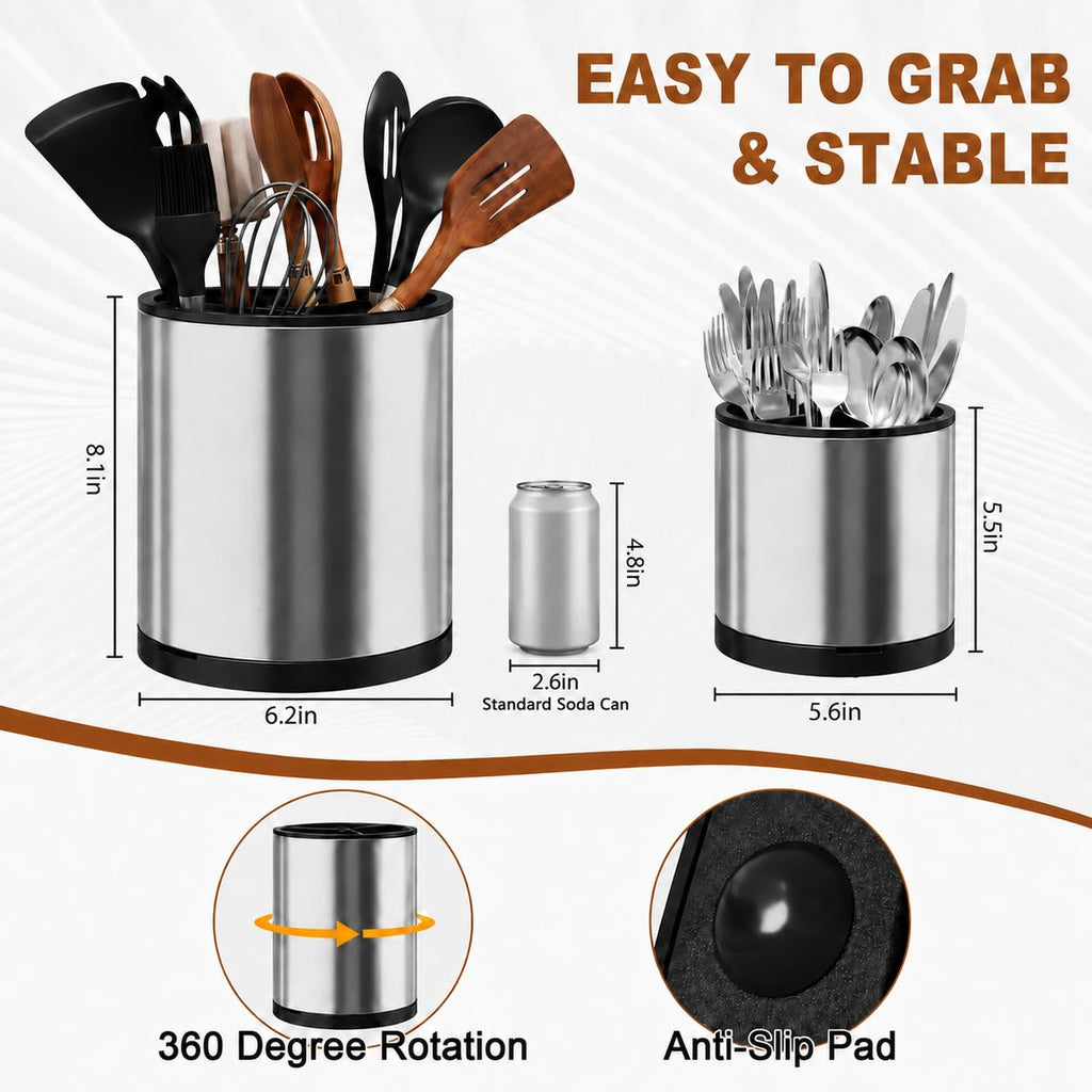 Extra Large Utensil Holder Counter,360°Rotating Stainless Steel