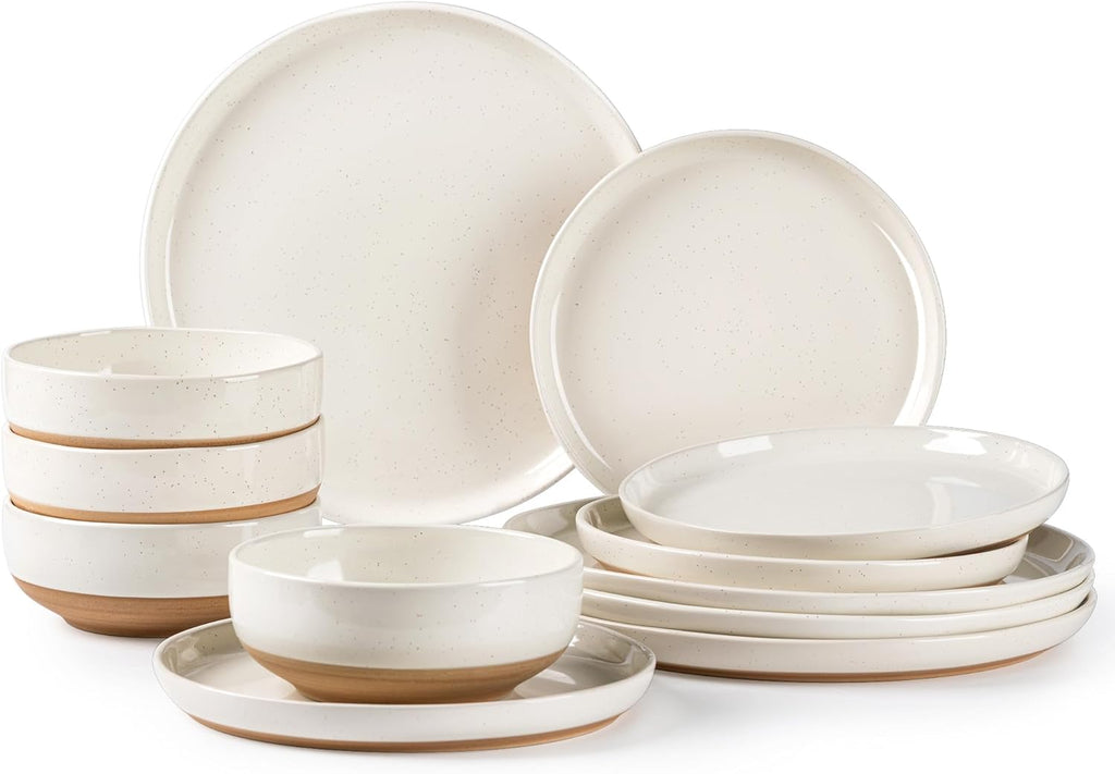Ceramic Dinnerware Sets, Handpainted Plates and Bowls Set with Rustic Terracotta Underside