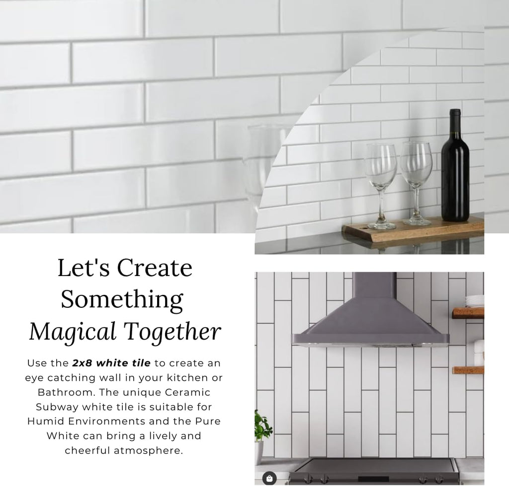 White Subway Tile Gloss Finish 2" X 8" Wall Tile, Backsplash Tile, Bathroom Tile, Designed in Italy (1)
