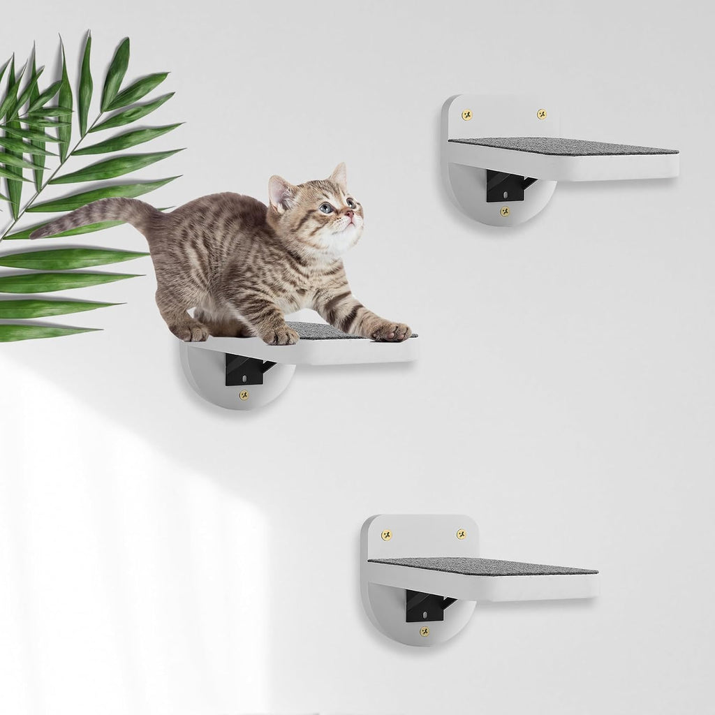 Set of 3 White Cat Wall Climbing Steps, Wall Mount Floating Shelves