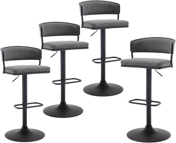 Adjustable Modern Bar Stools Set of 4 Faux Leather Barstools Swivel Counter Height Bar stools with Curved Back/Black