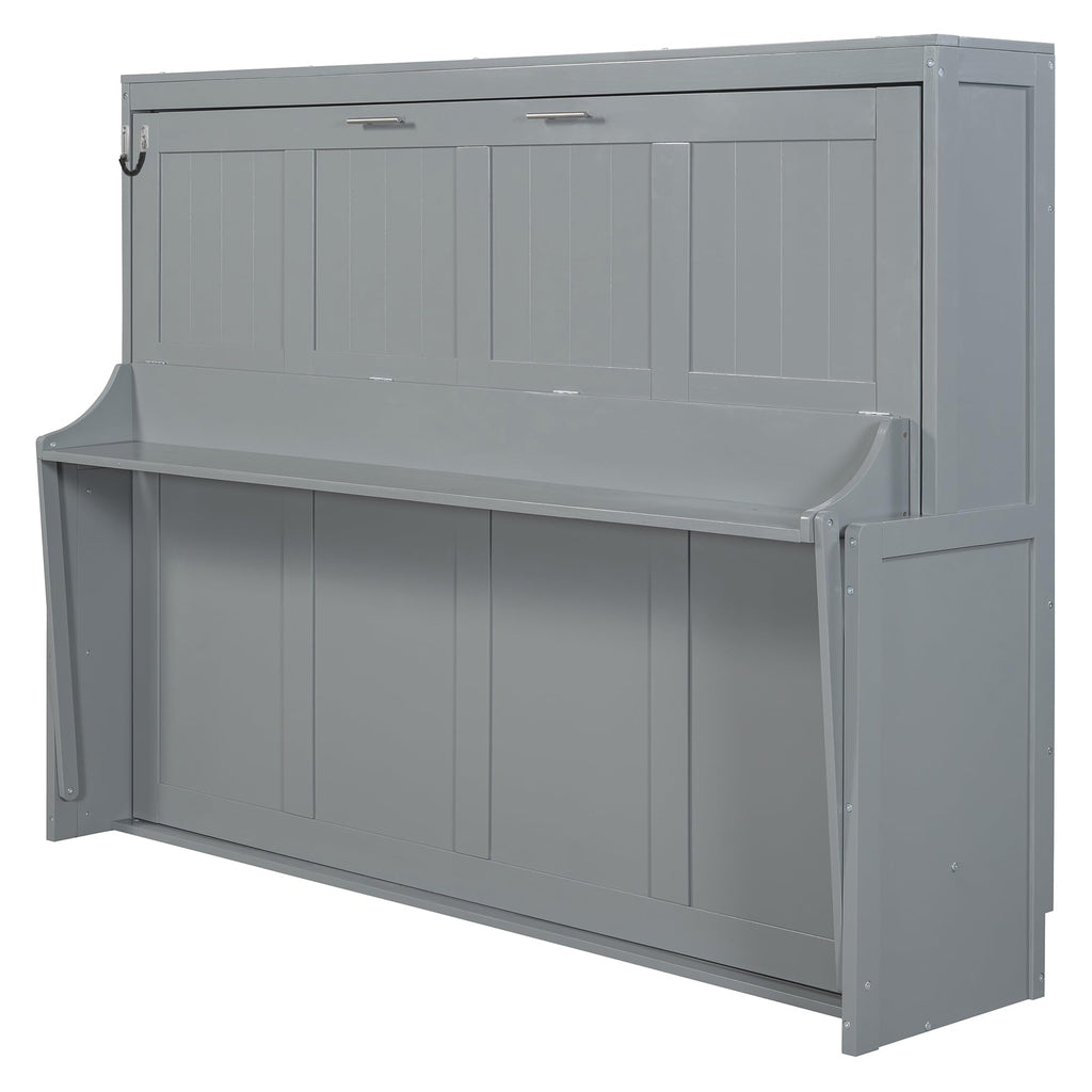 Queen Size Murphy Bed, Wood Murphy Wall Bed with Hydraulic Lift & Desk Design, Gray