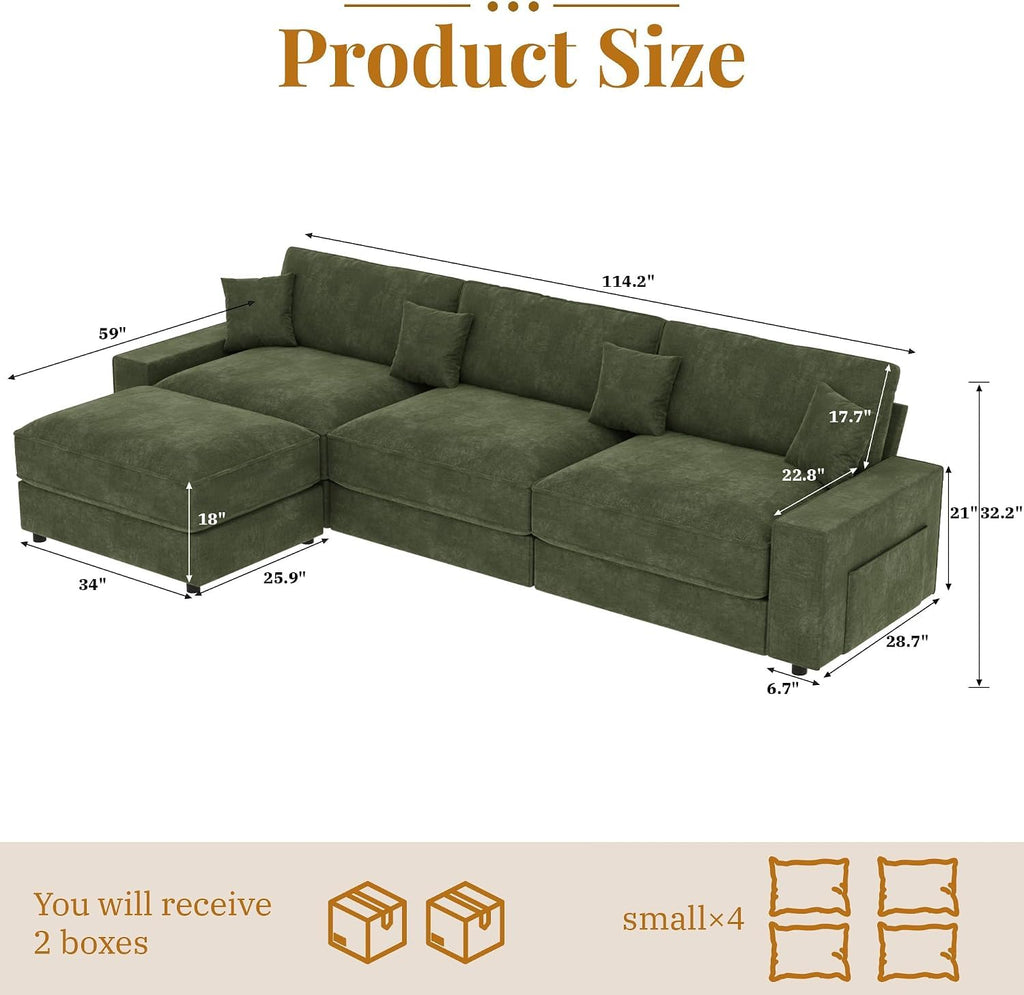 115" L-Shaped Modular Sectional Sofa, Oversized Deep Seat with Movable Ottoman, Chenille Upholstery, Side Pocket & 4