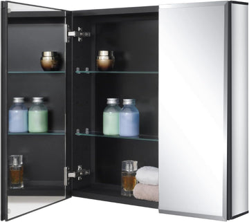 24 x 24 Black Double Door Bathroom Medicine Cabinet with Mirror, Wall Mount | Two-Door Bathroom Wall Mirror Cabinet