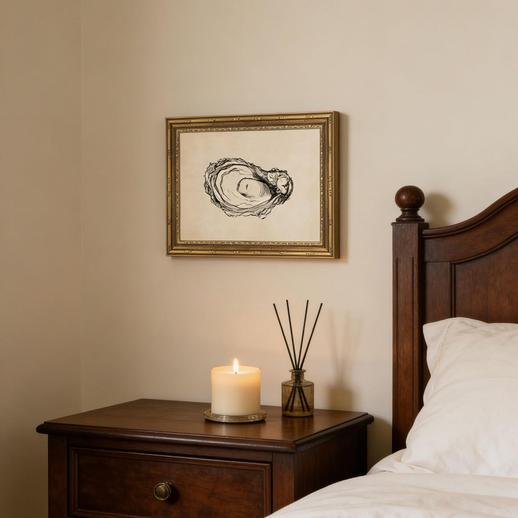 Gold Framed Wall Art Vintage Oyster Shell Sketch Wall Art Rustic Kitchen Cottagecore Seashell Wall Decor Picture