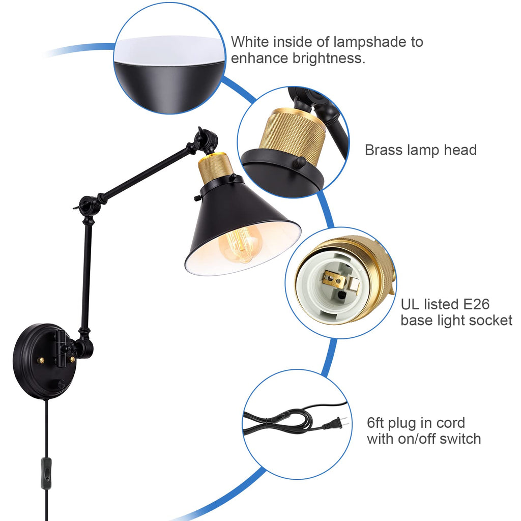 Wall Sconce Plug in, Dimmable Wall Sconce with Switch Swing Arm Wall Lights Plug in Wall Mounted Light Wall Sconces