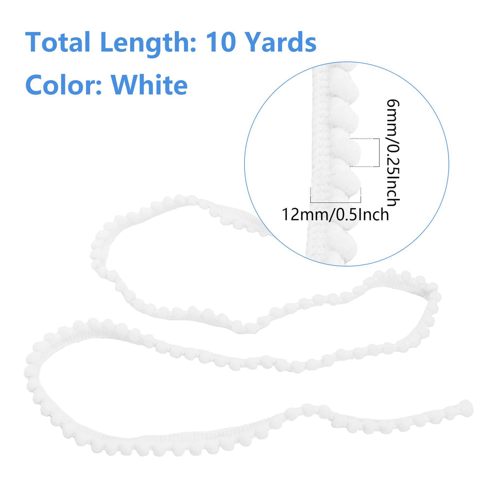 Pom Pom Trim, 1/2" Wide White Ribbon, 6mm Balls - 10 Yards