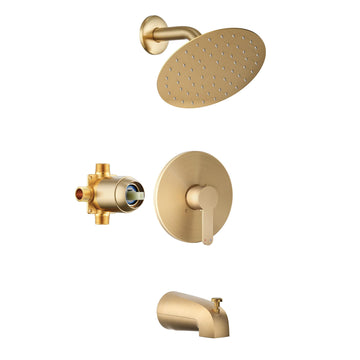 Tub Shower Faucet Set, 8" Rain Shower Head & Spout, Brushed Gold