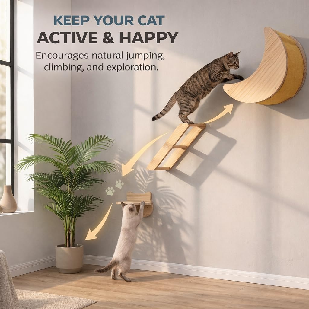 Cat Wall Shelves Set, Solid Wood Moon Bed, Perch & Stair for Climb and Rest