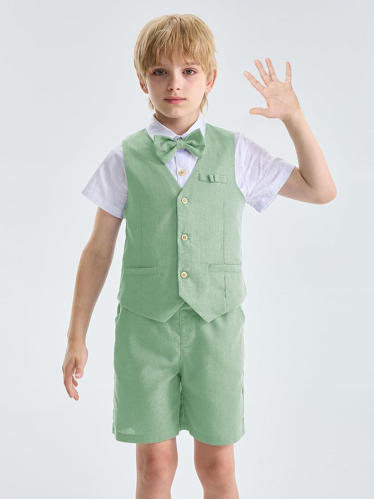 Boys Linen Suit 4 Piece Summer Gentleman Outfit Kids Shorts Set