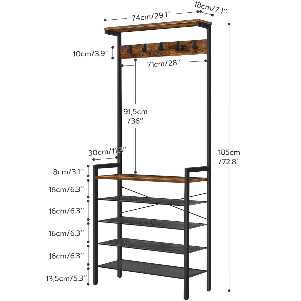 Hall Tree with Bench, Coat Rack with Shoe Storage, Shoe and Coat Rack, 5-Tier Entryway Shoe Storage, 5 Hooks, for