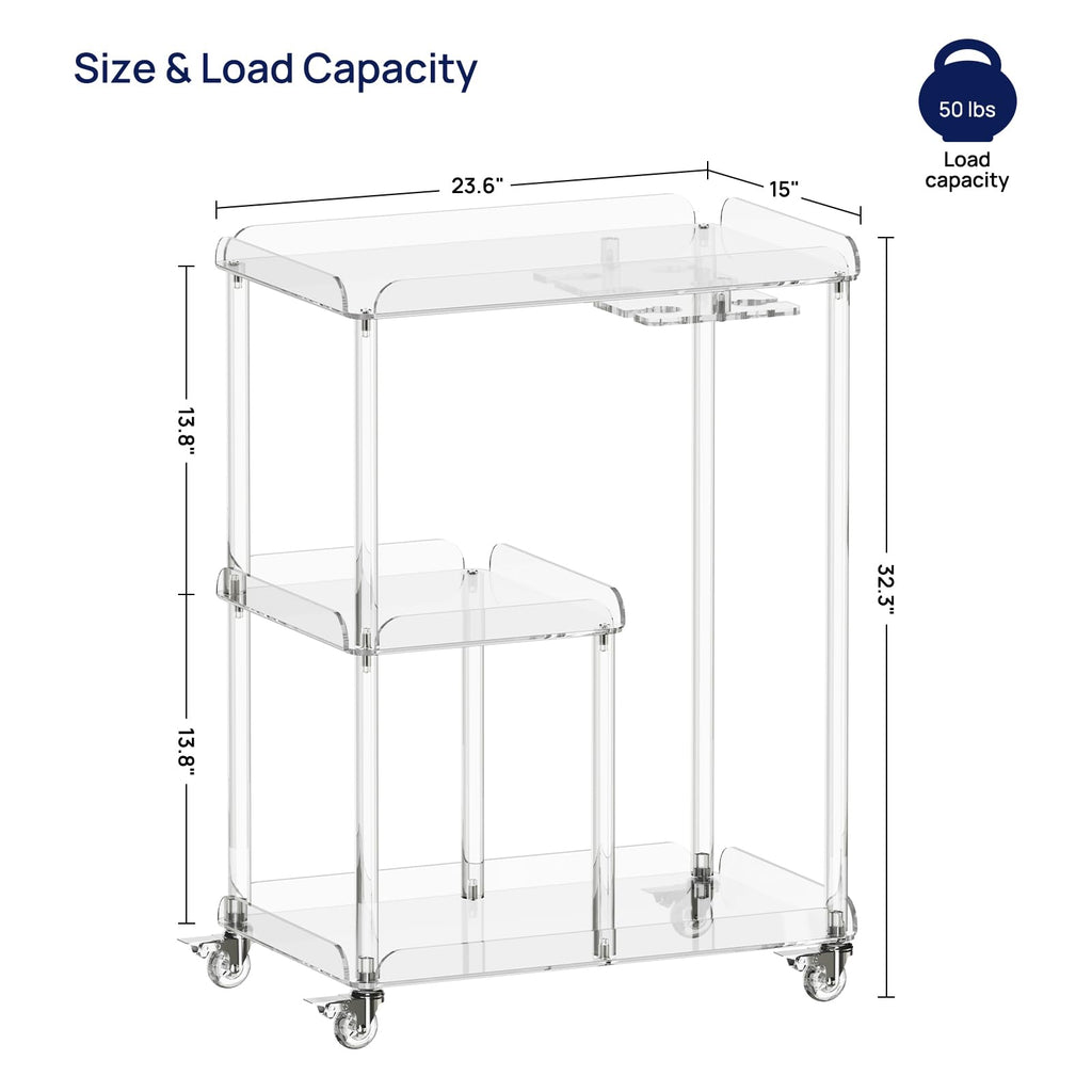 Acrylic Bar Cart with 4 Lockable Wheels, 3 Tier Clear Serving Cart with Glass Holder, Rolling Beverage Cart, Dinning