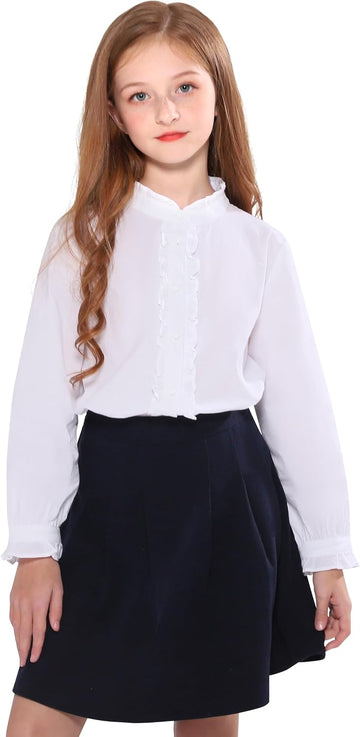 Girls White Blouse Ruffle Long Sleeve Button Down Shirt
